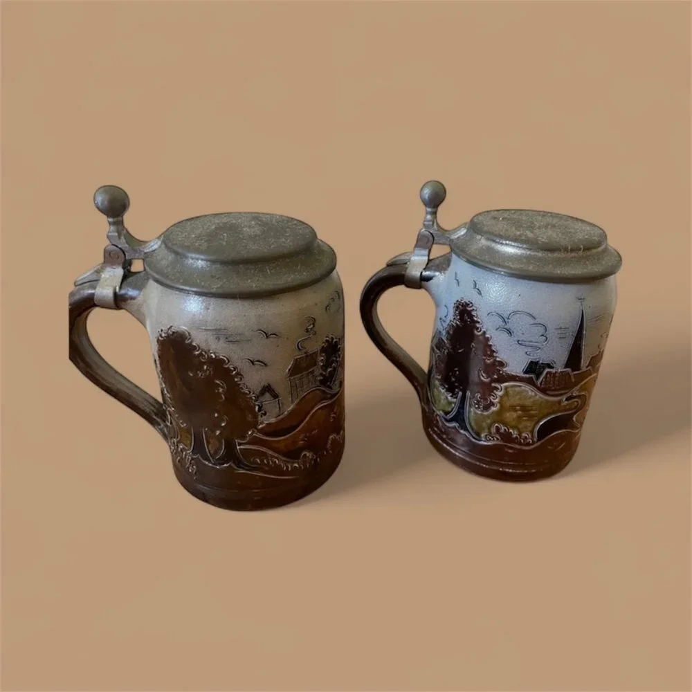 Vintage German Beer Steins / Mugs with Pewter Lids - Handarbeit B.E. - Set of 2